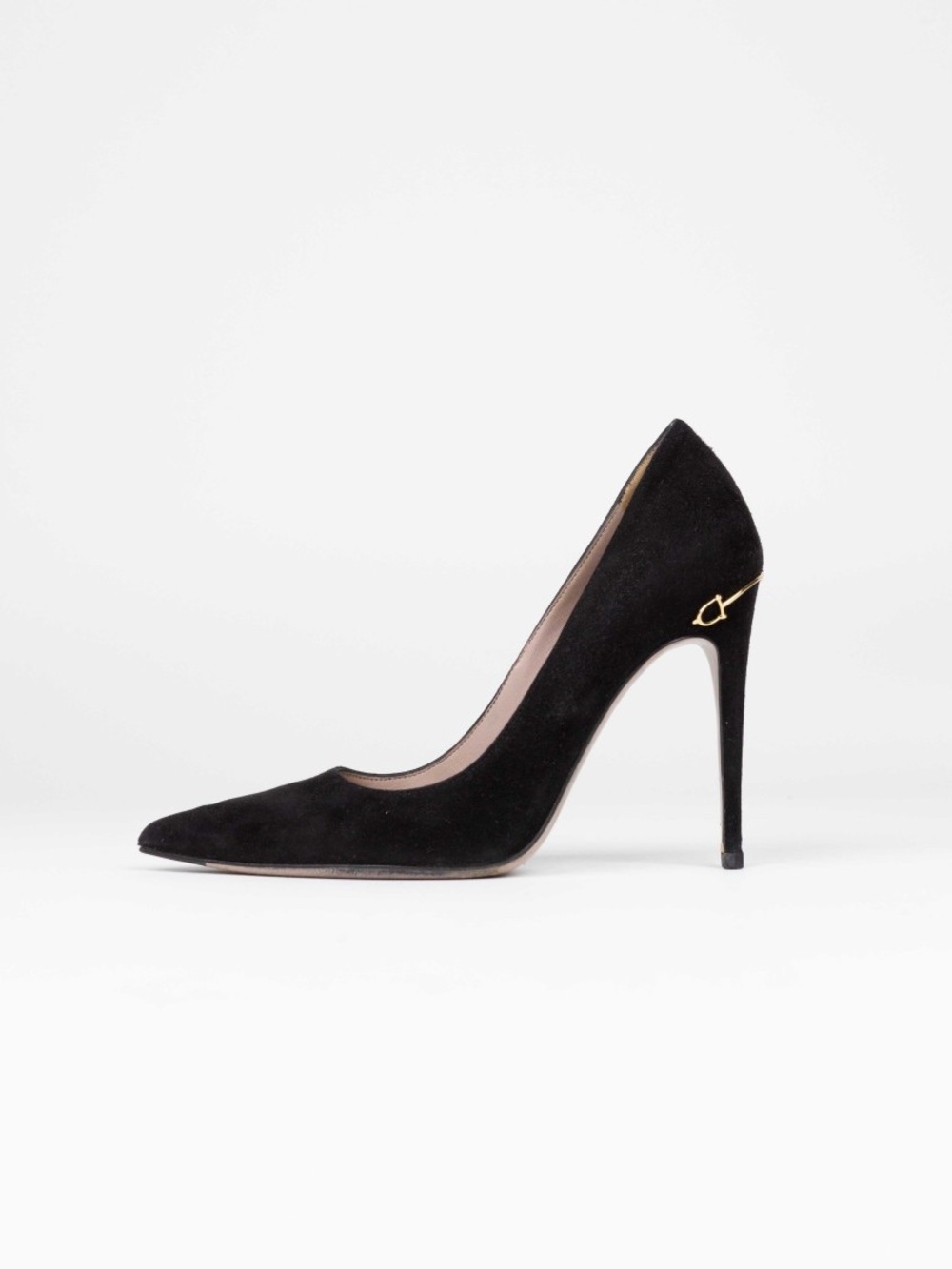 Gucci Black Suede Pointed-Toe Stiletto Pump with Gold Accent